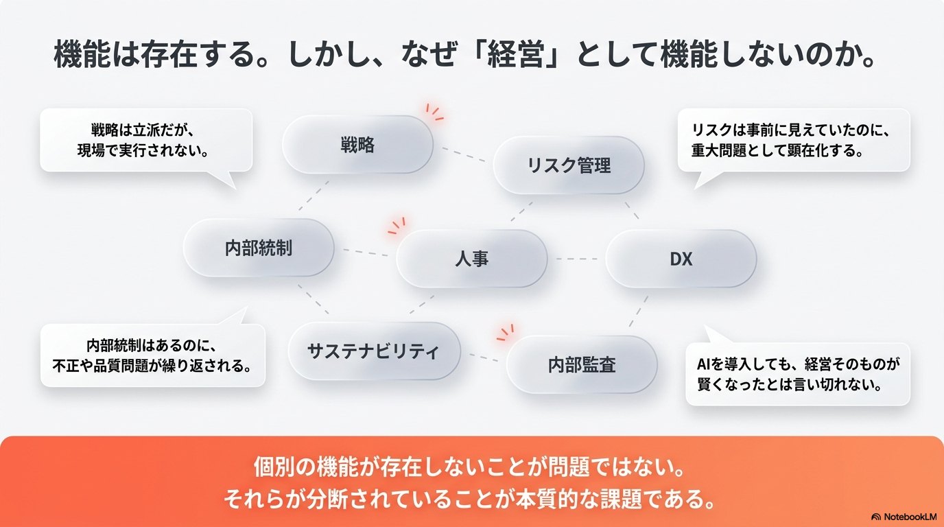 戦略・リスク管理・内部統制・人事・DX・サステナビリティ・内部監査が分断されている状態を示す図。個別の機能が存在しないことが問題ではなく、それらが分断されていることが本質的な課題であることを示す。