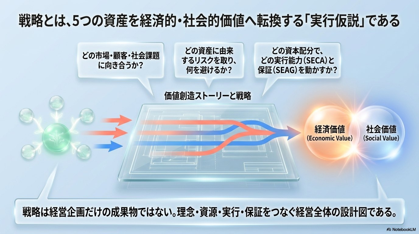 5つの資産が価値創造ストーリーと戦略を通じて経済価値と社会価値へ転換される流れを示す図。戦略は経営企画だけの成果物ではなく、理念・資源・実行・保証をつなぐ経営全体の設計図であることを示す。