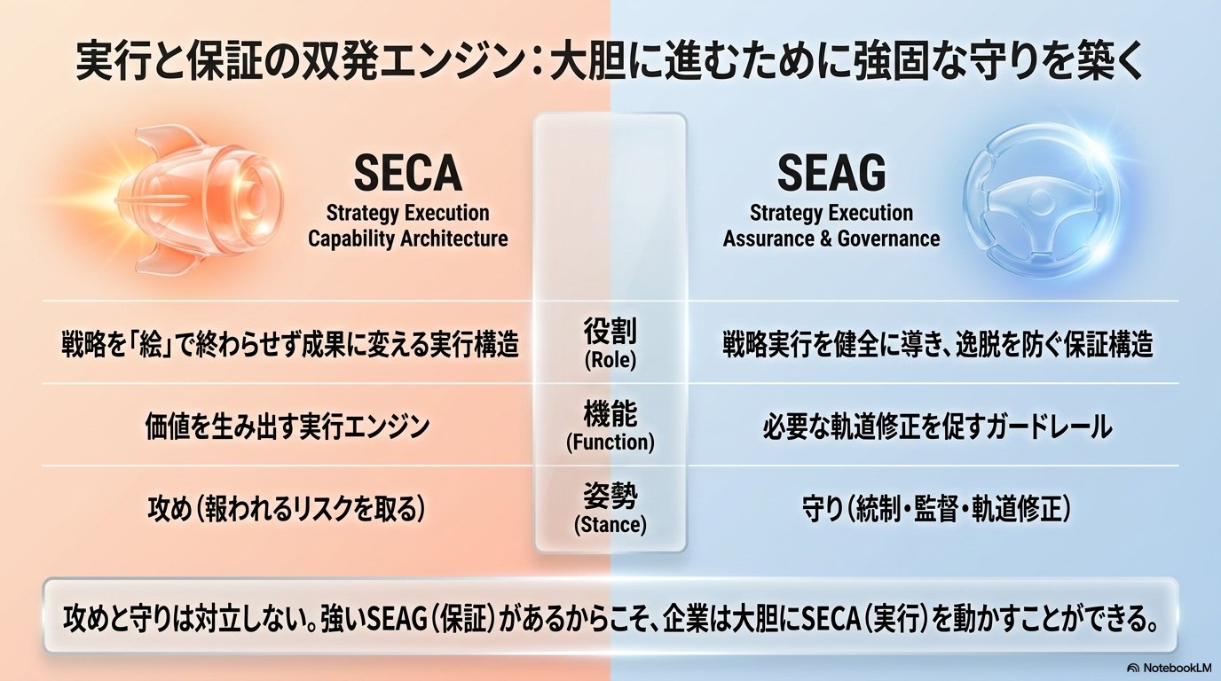 SECA（実行エンジン・攻め）とSEAG（保証・ガードレール・守り）を対比した双発エンジンの図。強いSEAGがあるからこそ、企業は大胆にSECAを動かすことができることを示す。