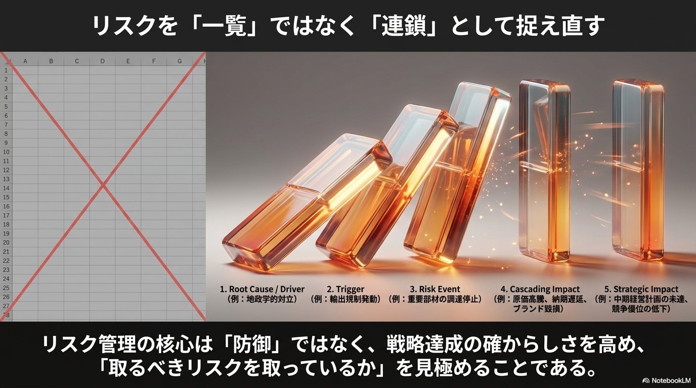 リスクを一覧表ではなく、根本原因から引き金、リスク事象、一次影響、連鎖影響、戦略影響へと連鎖するドミノとして捉え直す図。